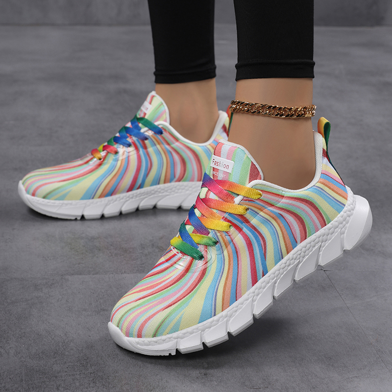 Sepatu kets wanita dengan moti - Knit Fabric Lace Up Sneakers ulasan dan harga