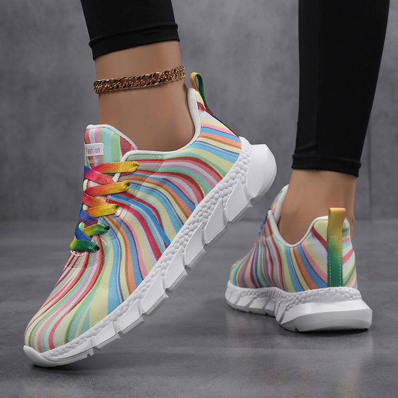 Sepatu kets wanita dengan moti - Knit Fabric Lace Up Sneakers ulasan dan harga